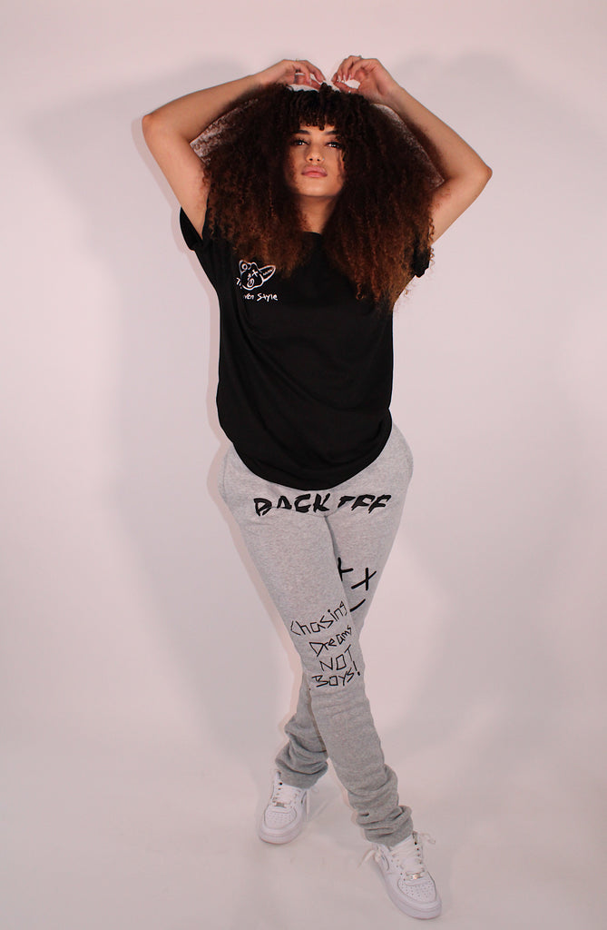 "BACK OFF" Stacked Bottom Graphic Sweatpants