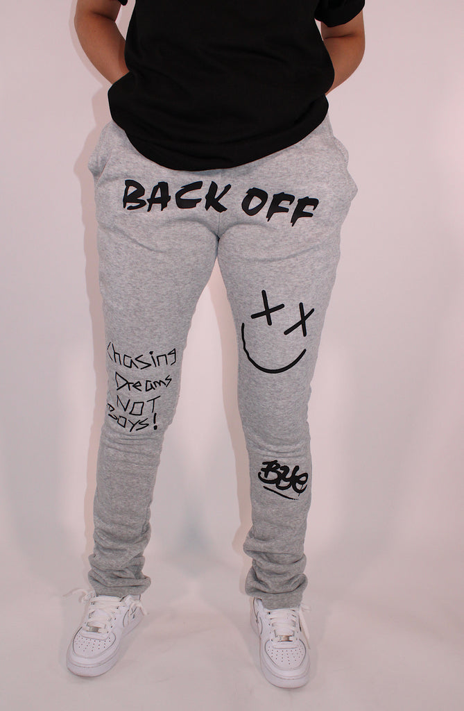 "BACK OFF" Stacked Bottom Graphic Sweatpants